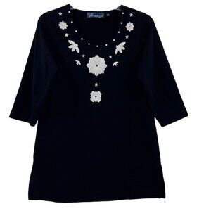 Susan Graver Style Tunic Top Pullover Size XS 3/4 Sleeve Black Embroidery Flower